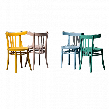 4 Multicoloured wooden chairs, 1950s