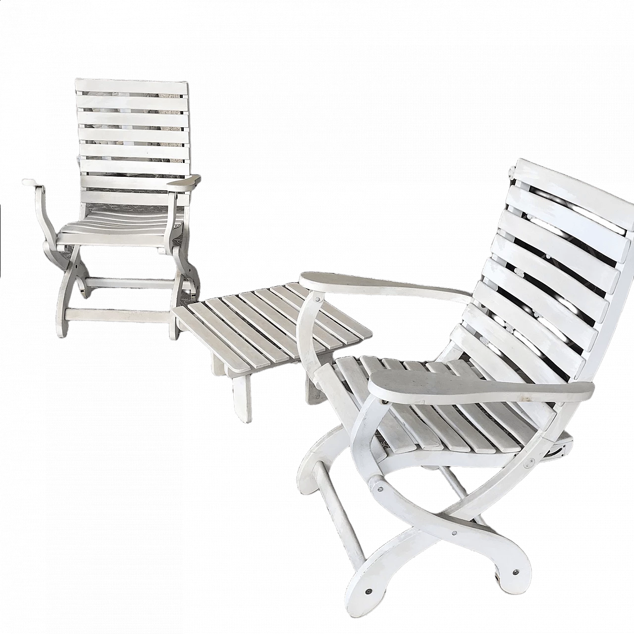 2 Sedie sdraio e 1 tavolino in legno bianco, anni '70 6