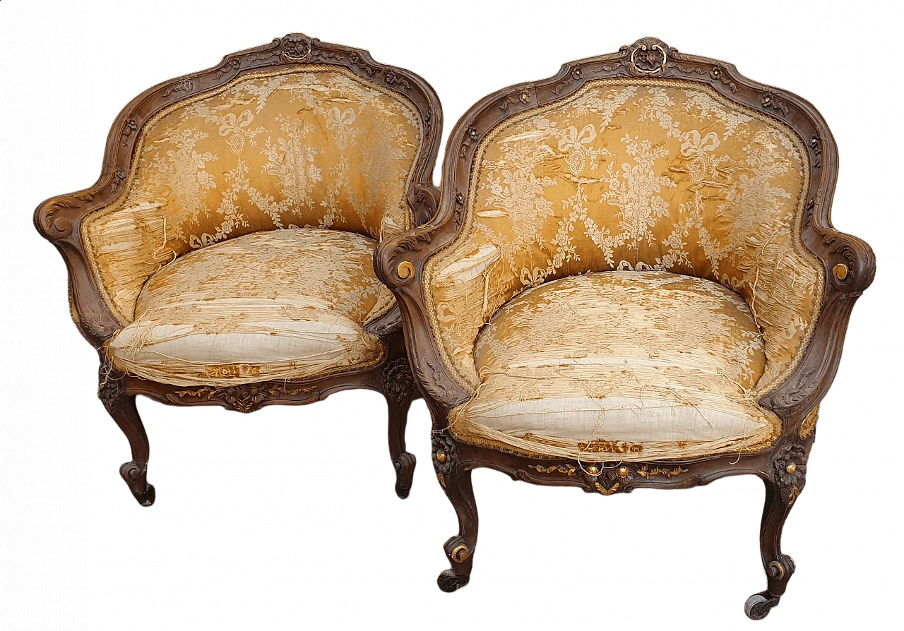 Solid walnut armchairs with pure gold friezes, 19th century 5
