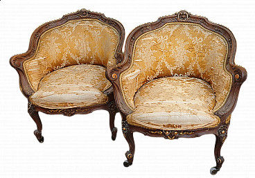 Solid walnut armchairs with pure gold friezes, 19th century
