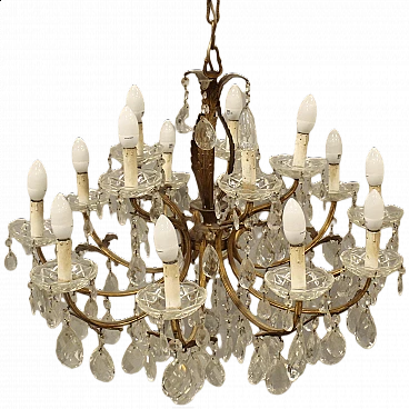 Lampadario a 15 luci con gocce di cristallo, metà '900