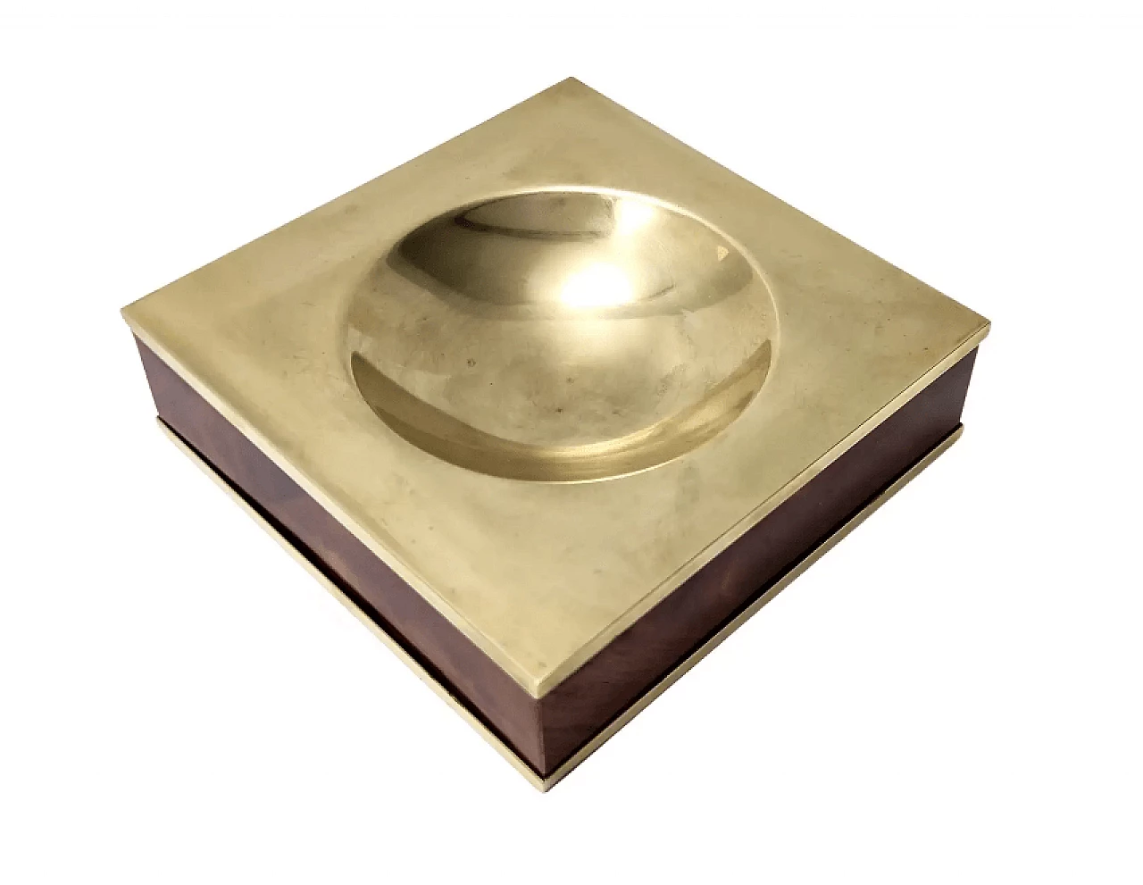 Posacenere quadrato in ottone e noce, anni '80 1