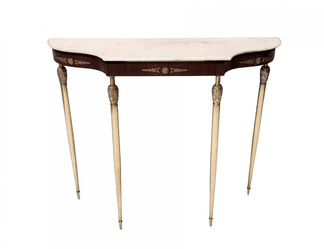 Walnut console table with Portuguese pink marble top and brass frame, 1960s 1