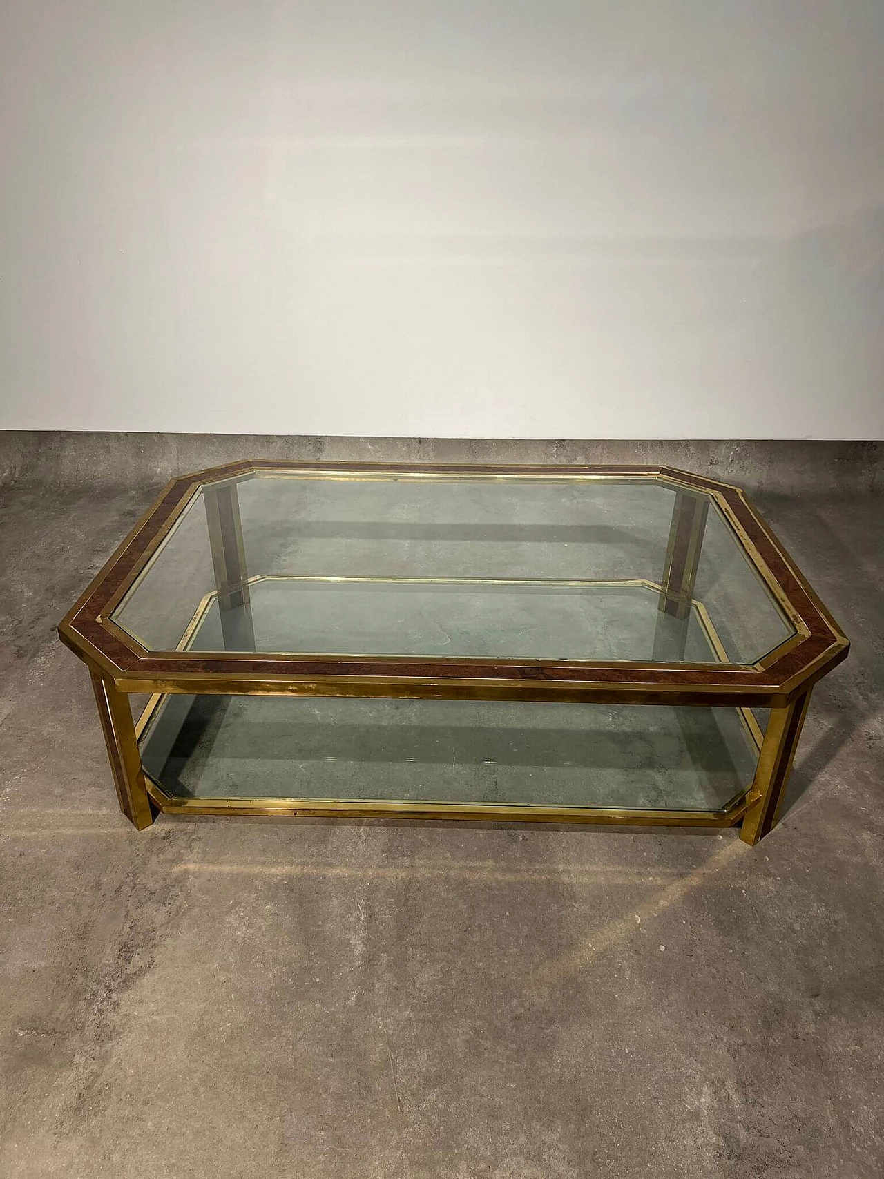 Small table in briarwood and brass with glass top, 1970s 2