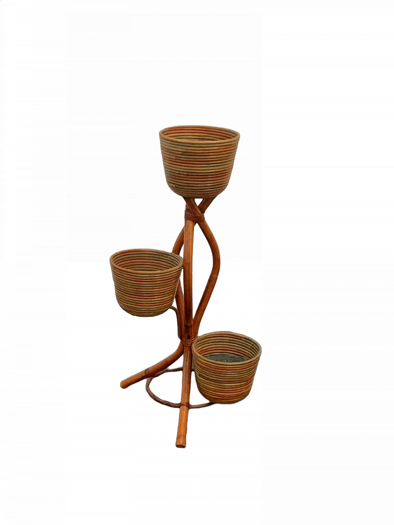 Treppiedi porta vasi in vimini e bambù policromo, anni '60 8