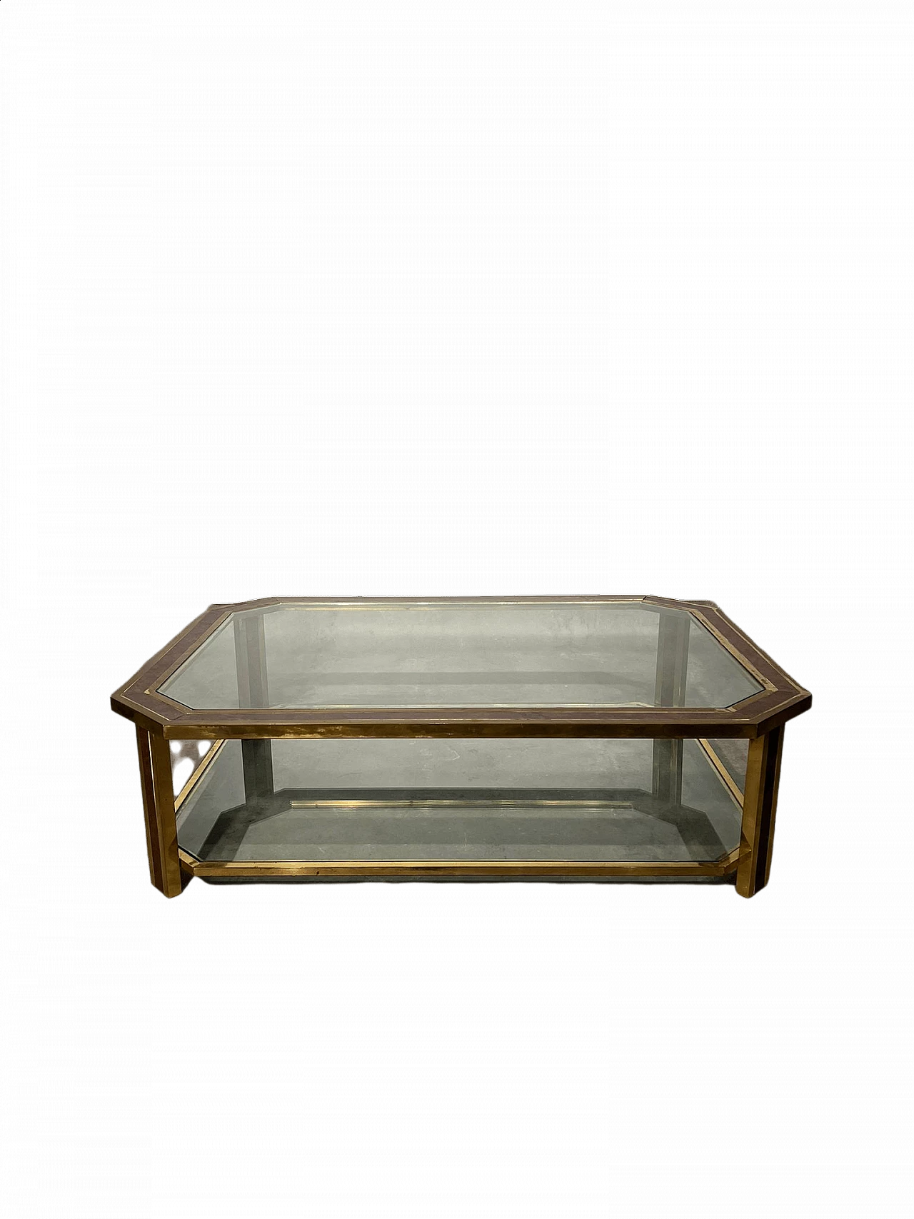 Small table in briarwood and brass with glass top, 1970s 5