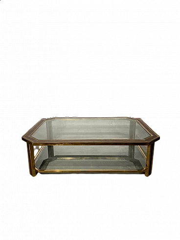 Small table in briarwood and brass with glass top, 1970s