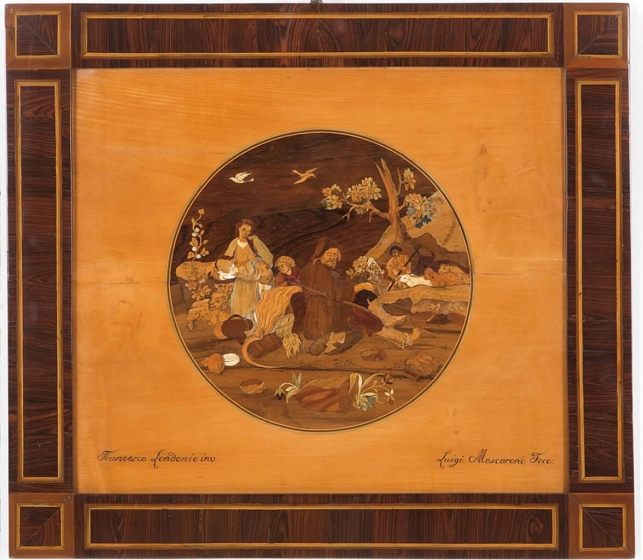 Mascaroni inlaid wood panel with pastoral scene, 19th century 11