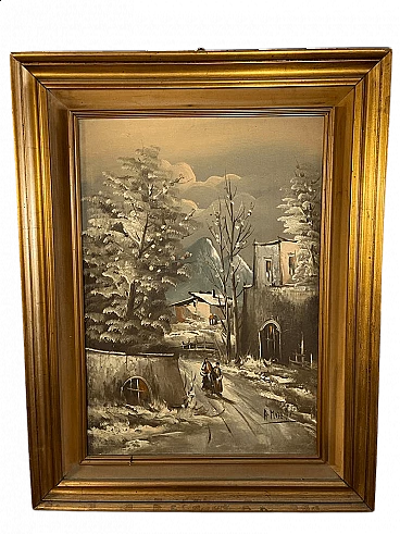 Olio su tela raffigurante paesaggio innevato di Mozzitto, '900