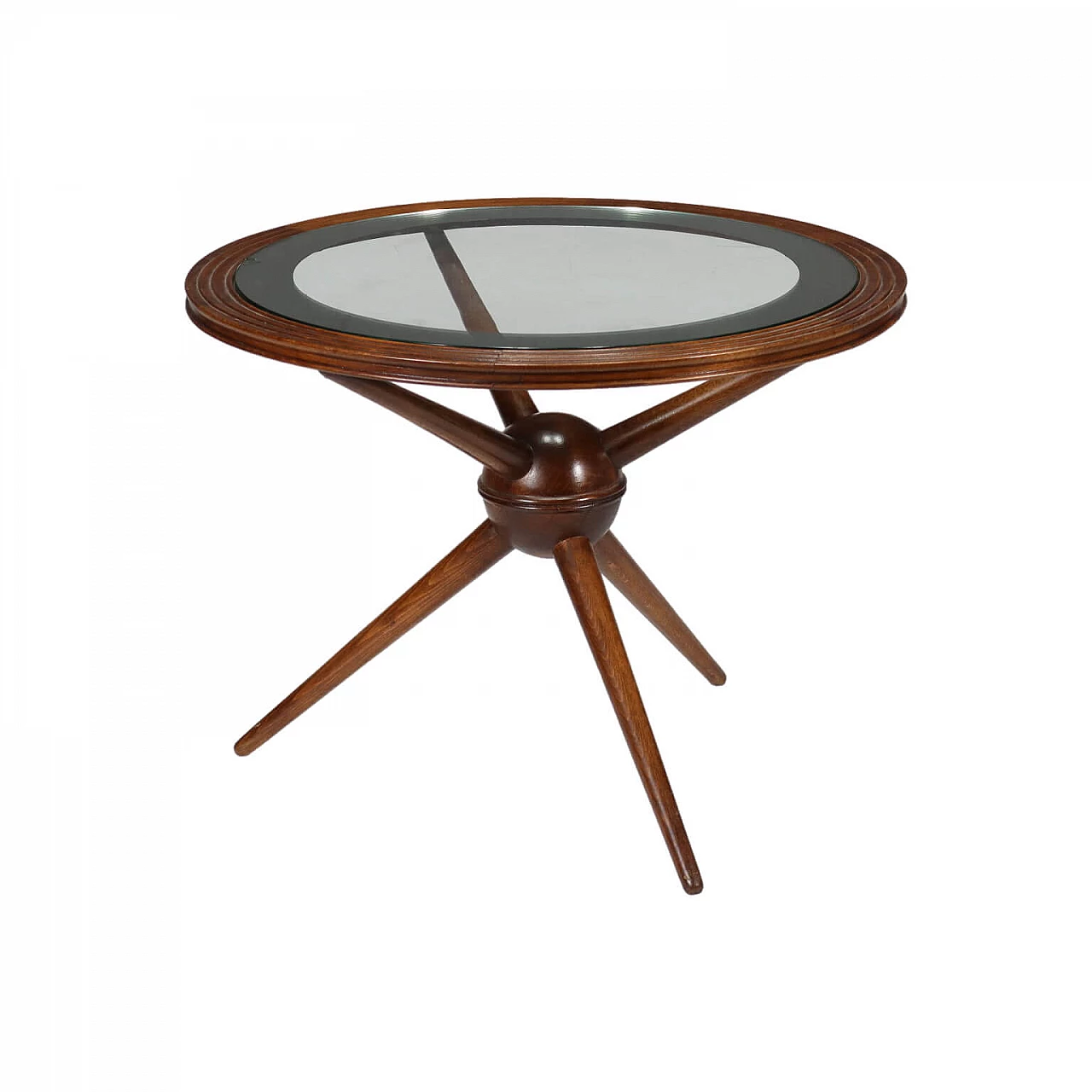 Tavolino tondo in legno con piano in vetro, anni '50 1