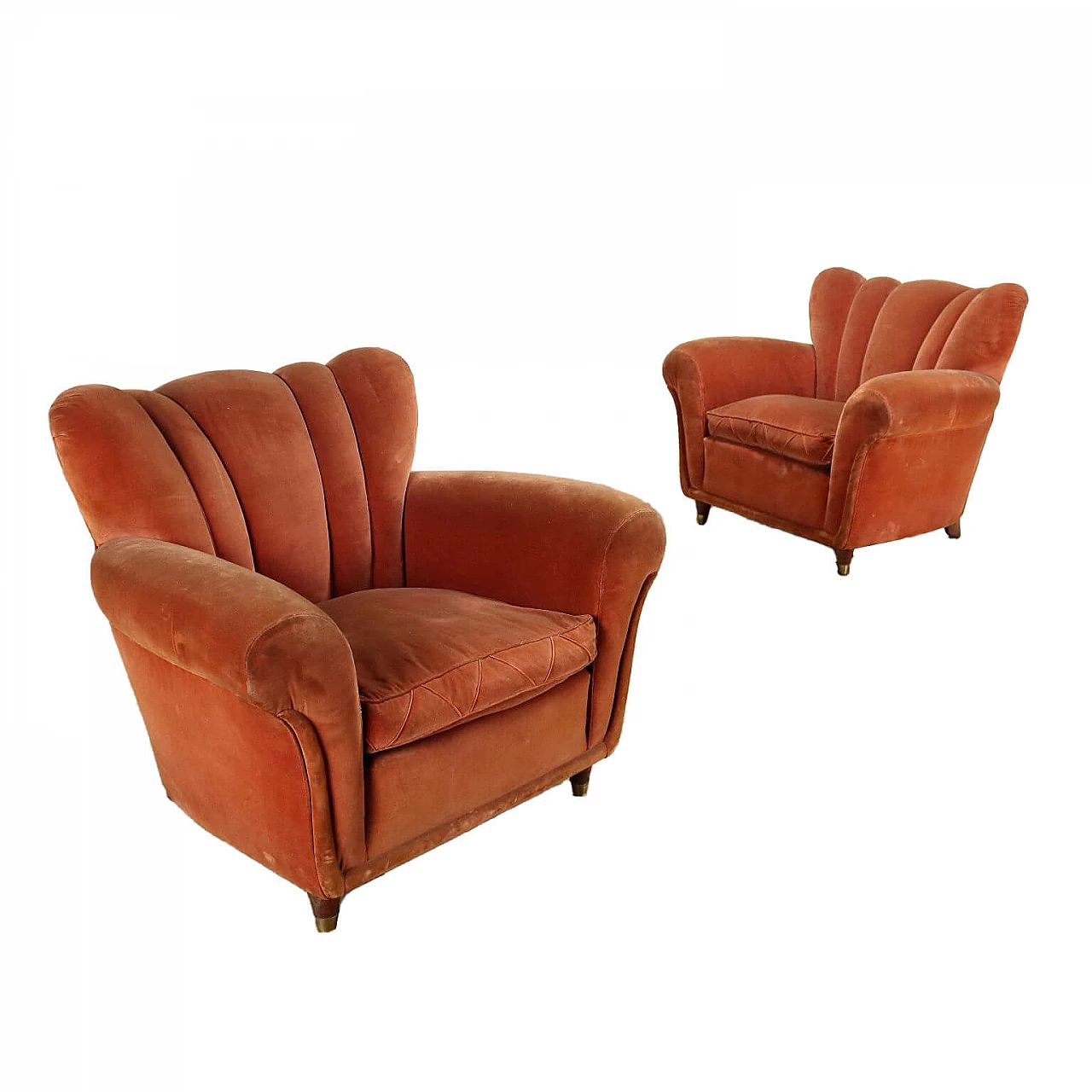 Coppia di poltrone rivestite in velluto rosso, anni '40 1