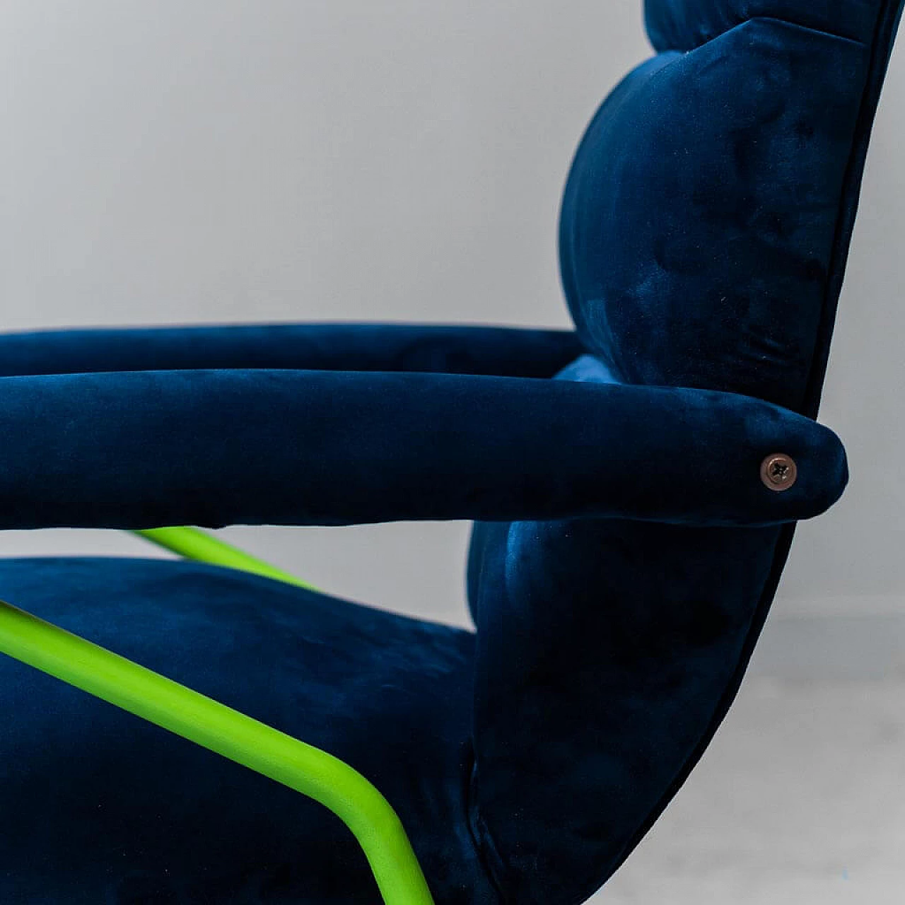 Blue velvet and green metal armchair, 1960s 5