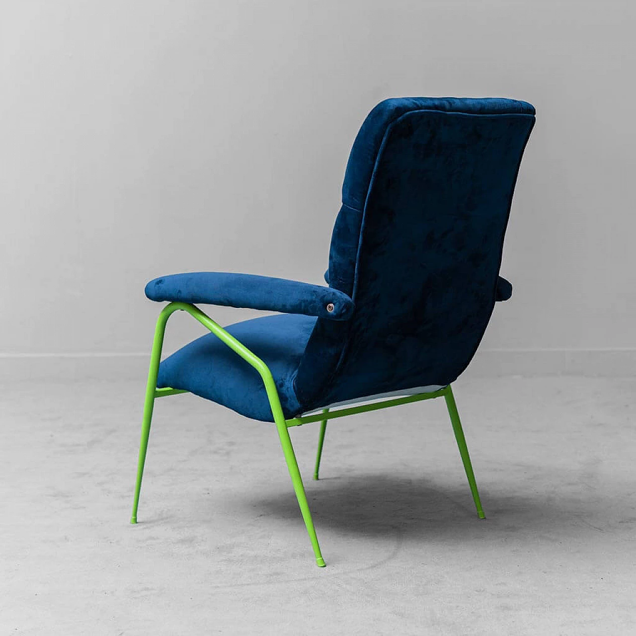 Blue velvet and green metal armchair, 1960s 6