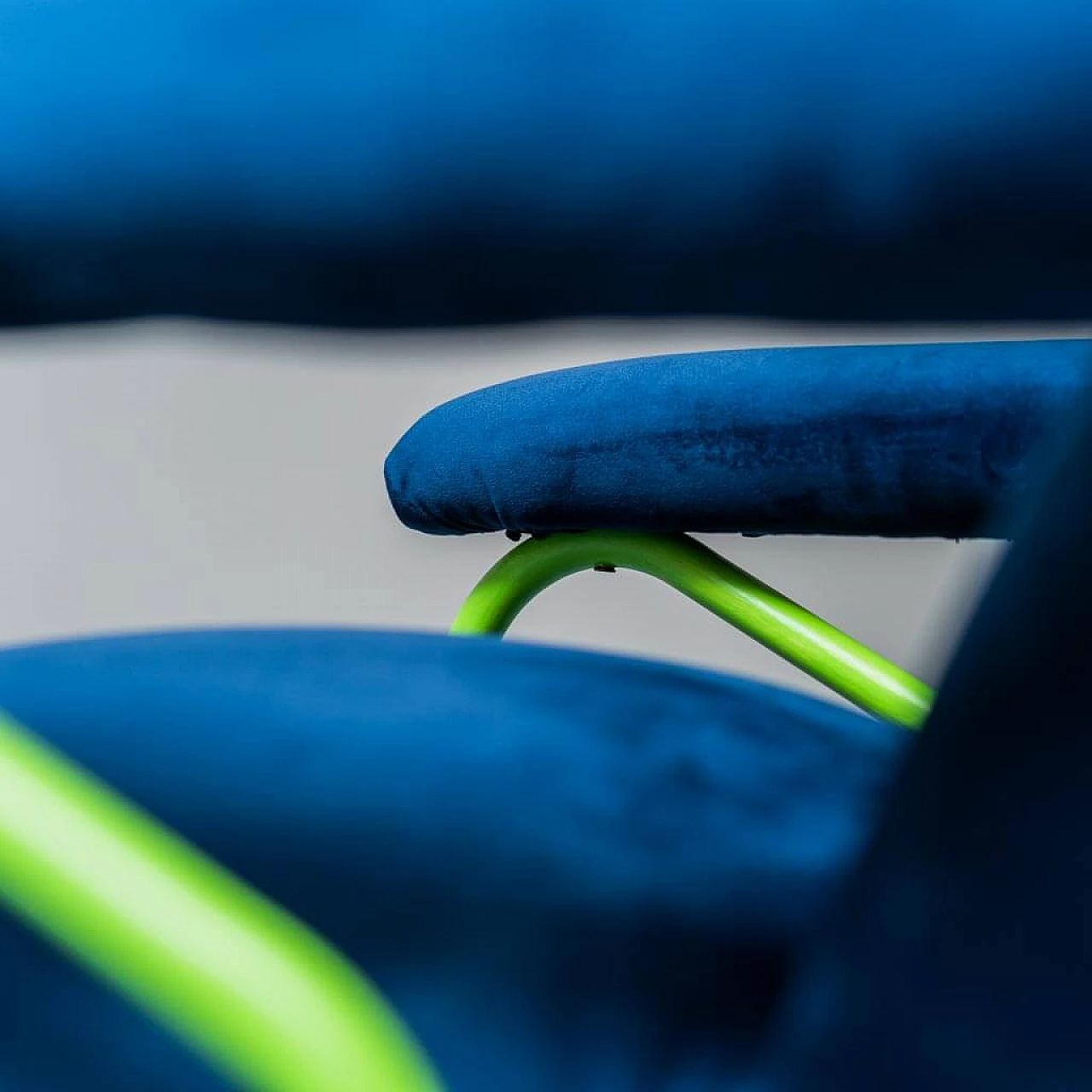 Blue velvet and green metal armchair, 1960s 9