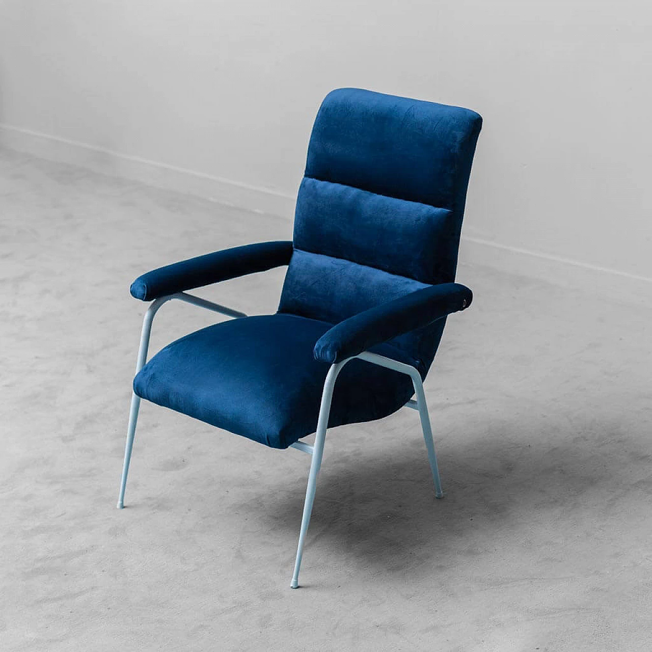 Blue velvet and blue metal armchair, 1960s 1