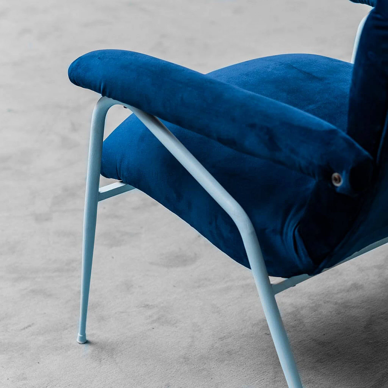 Blue velvet and blue metal armchair, 1960s 2