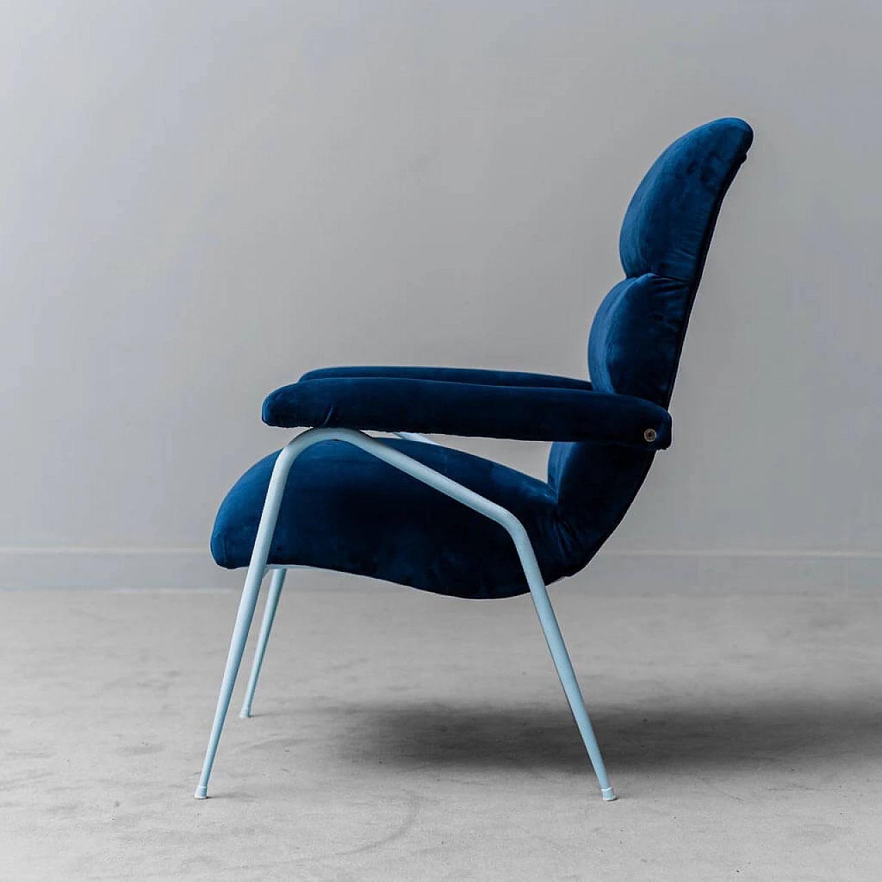 Blue velvet and blue metal armchair, 1960s 6