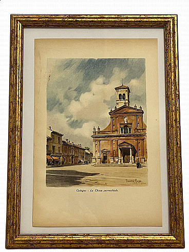 Colour print Codogno parish church by Giannino Grossi, 1930s