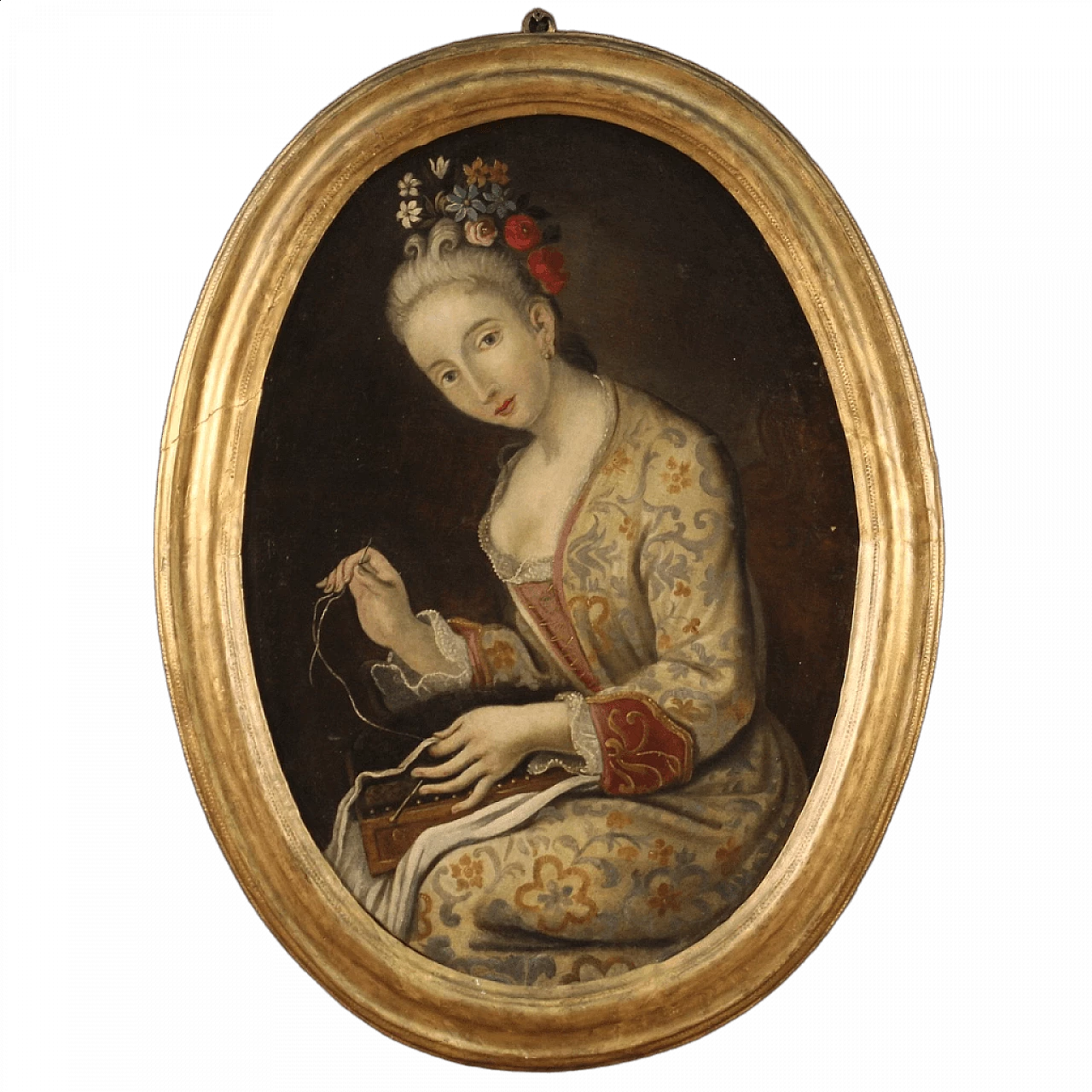 Olio su tela ovale Ritratto di dama con cornice dorata, '700 13