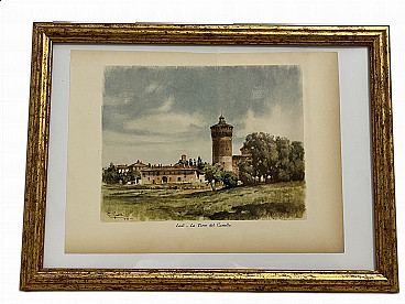 Stampa a colori Torre del castello di Lodi di Giannino Grossi, anni '30