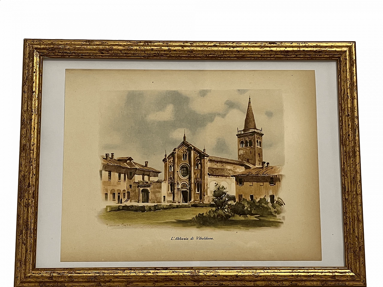 Colour print Viboldone Abbey by Giannino Grossi, 1930s 6