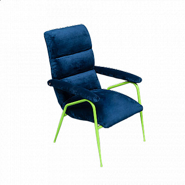 Blue velvet and green metal armchair, 1960s