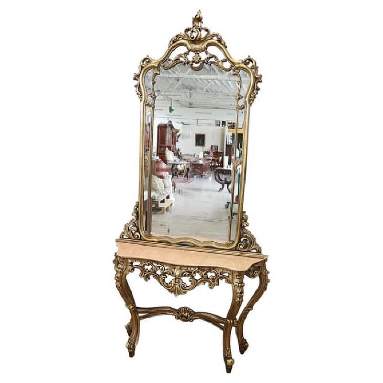 Baroque-style console table in carved and gilded wood, 20th century 1