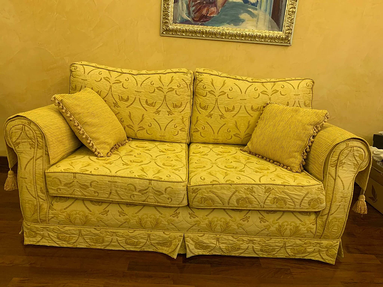 Pair of sofas in ochre damask fabric 2