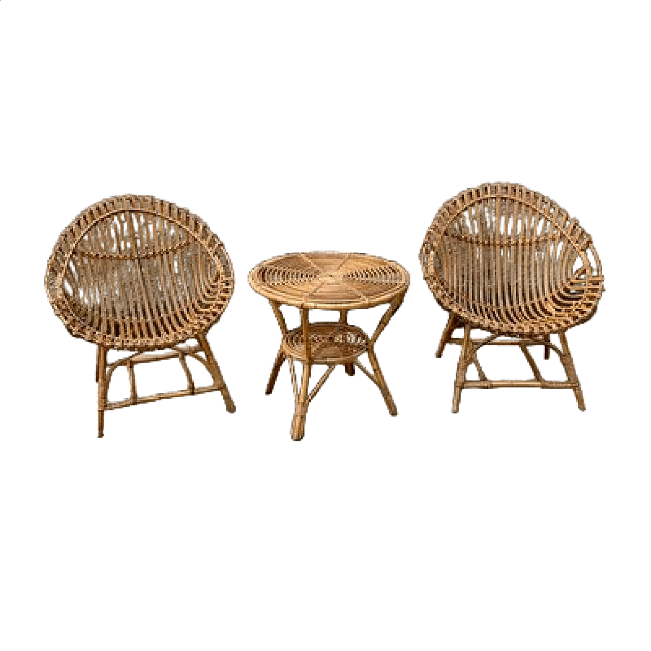 Coppia di poltroncine e tavolino in bambù e vimini, anni '50 6