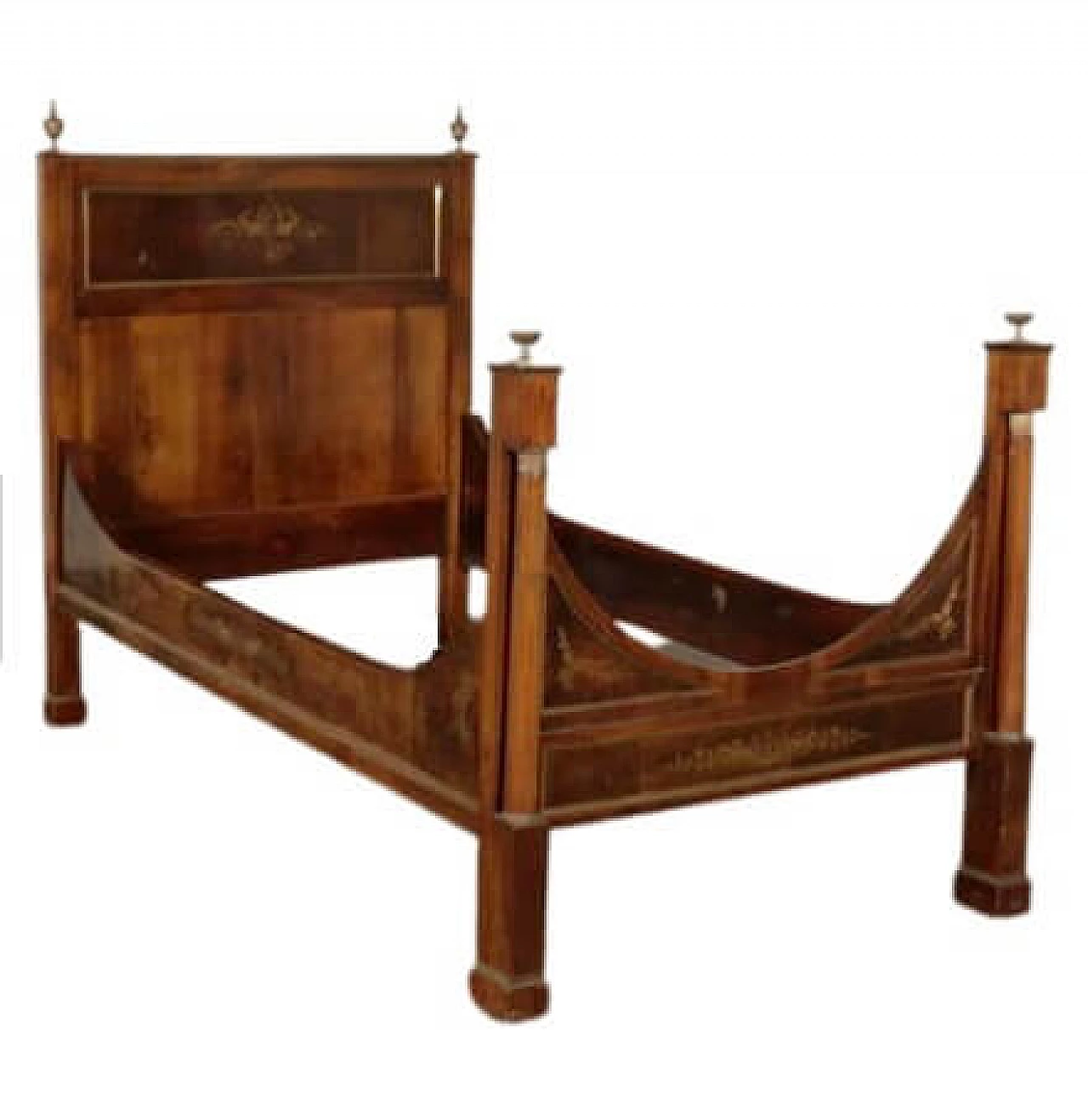 Letto singolo stile Impero in noce con intarsi in ottone, inizio '800 1
