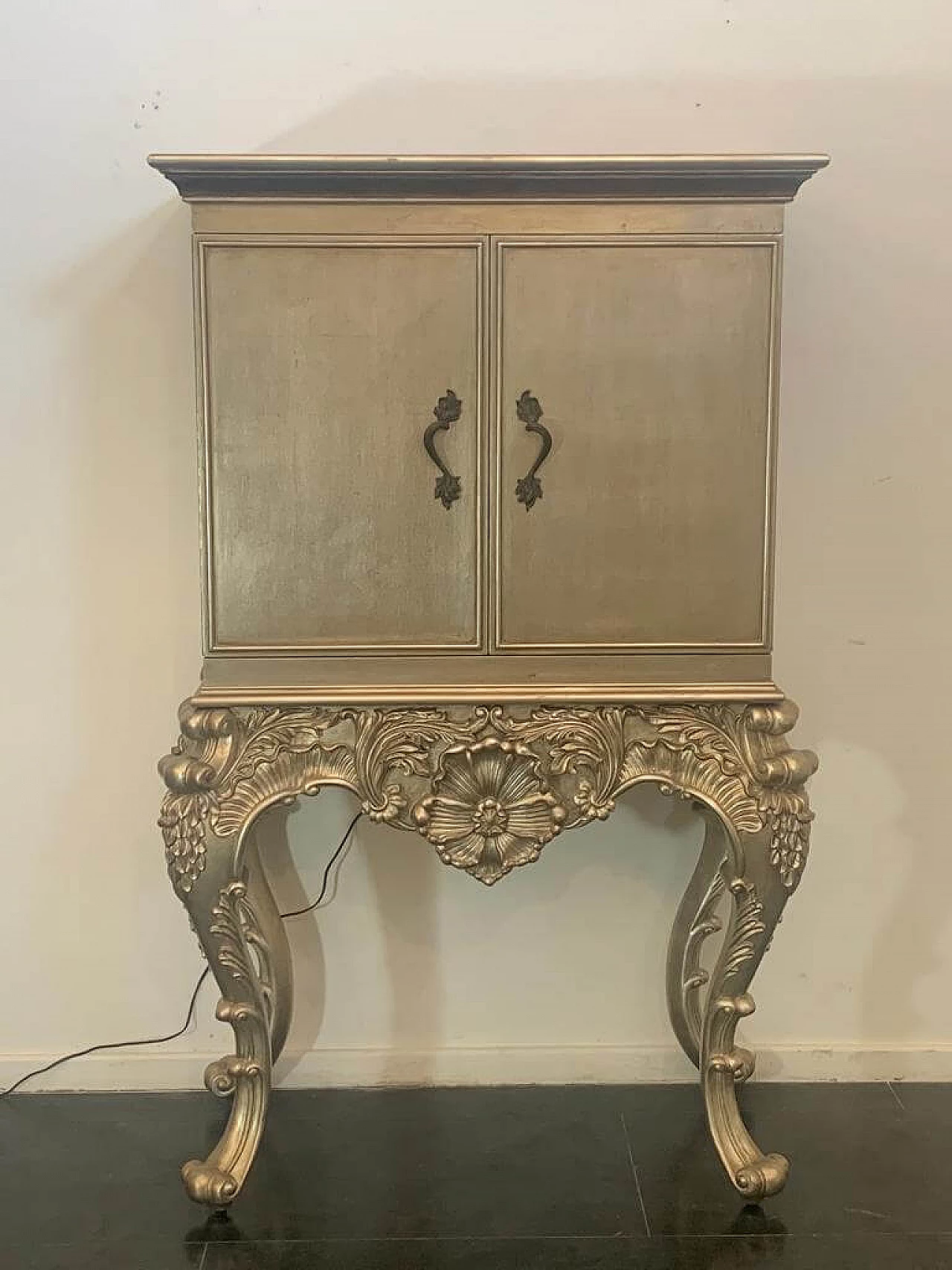 Baroque style bar cabinet covered in silver leaf, 1980s 1