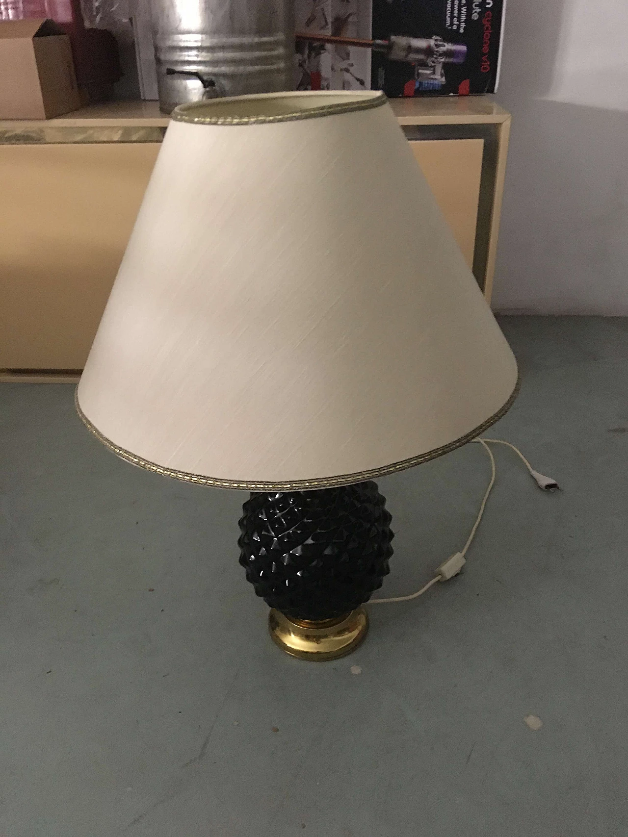 Table lamp with ceramic base with brass petals and fabric shade, 1980s 2
