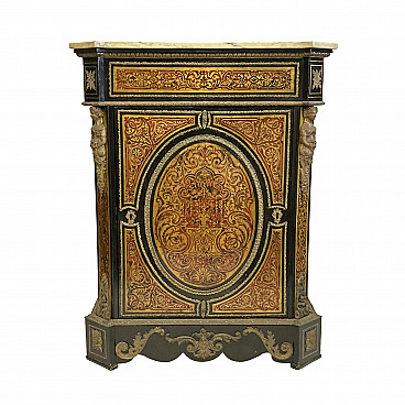 One-door cabinet in Boulle inlay with marble top, Napoleon III, mid-19th century