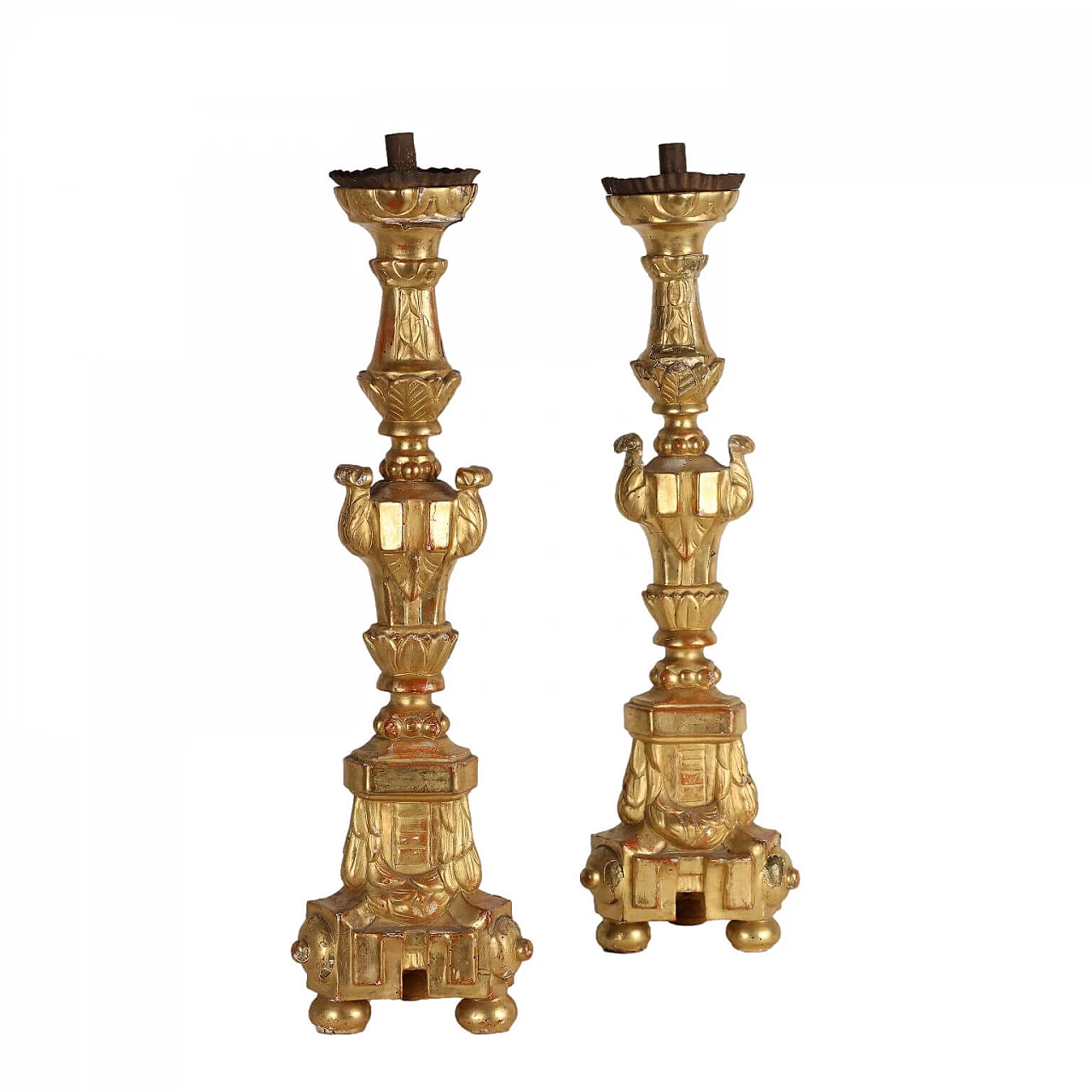 Pair of carved and gilded wooden torches, 19th century 1