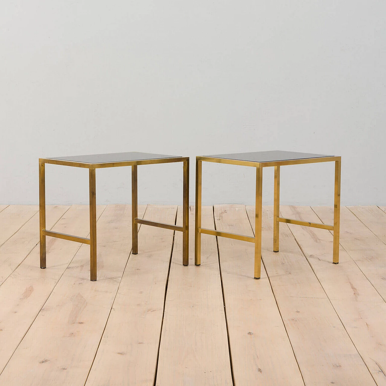 Pair of side tables in brass and smoked glass, 1980s 1