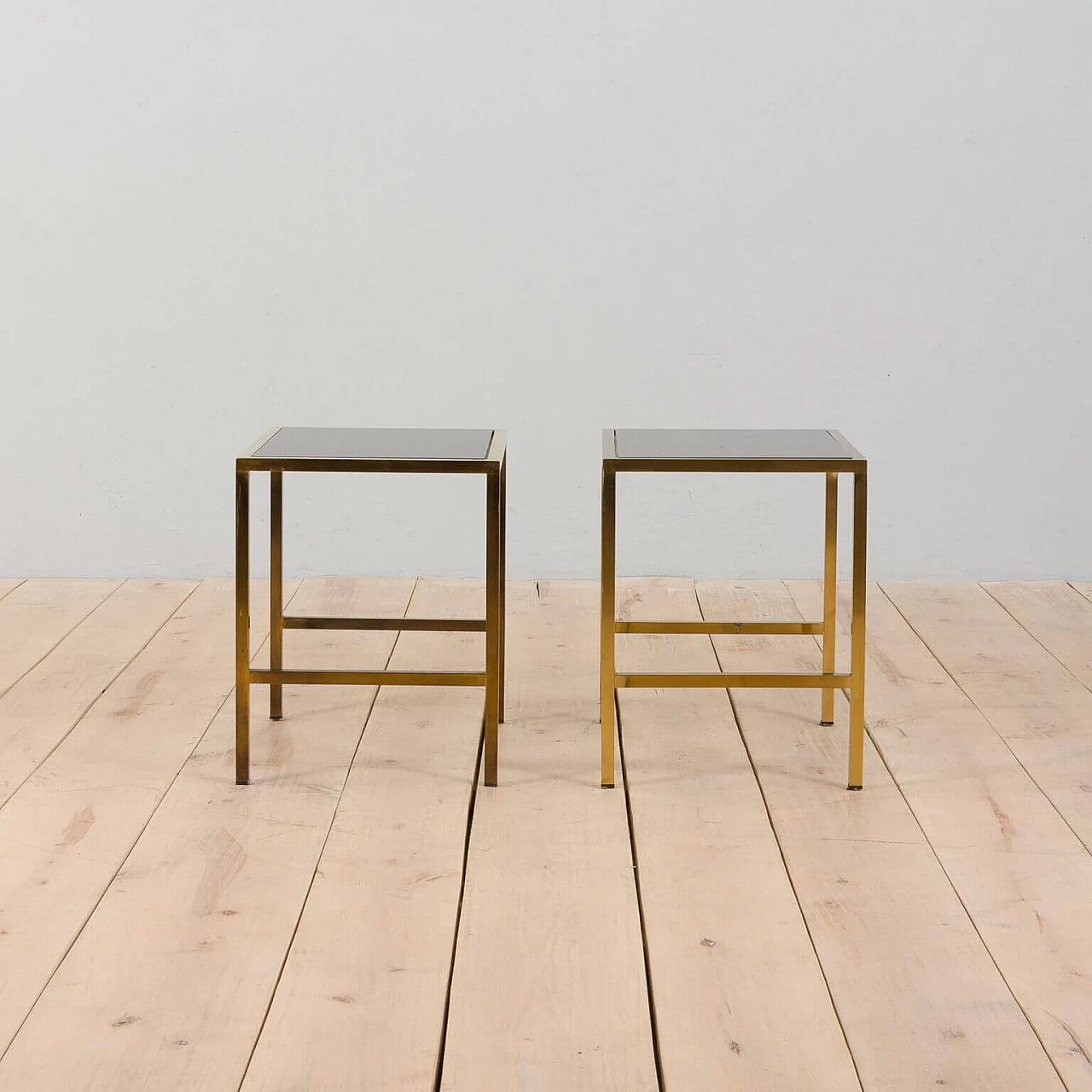 Pair of side tables in brass and smoked glass, 1980s 3