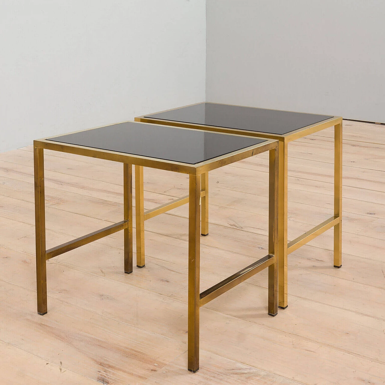 Pair of side tables in brass and smoked glass, 1980s 5