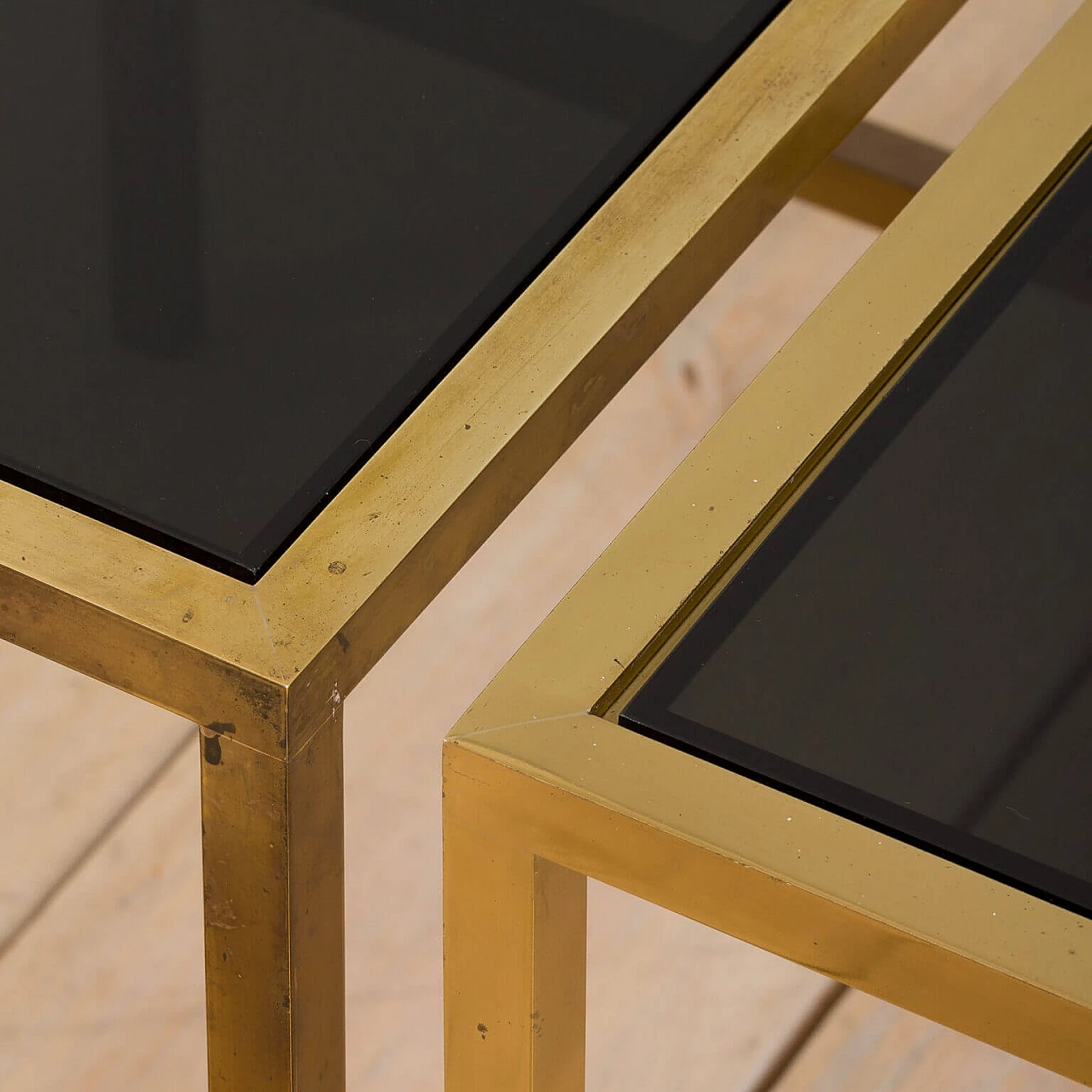 Pair of side tables in brass and smoked glass, 1980s 7