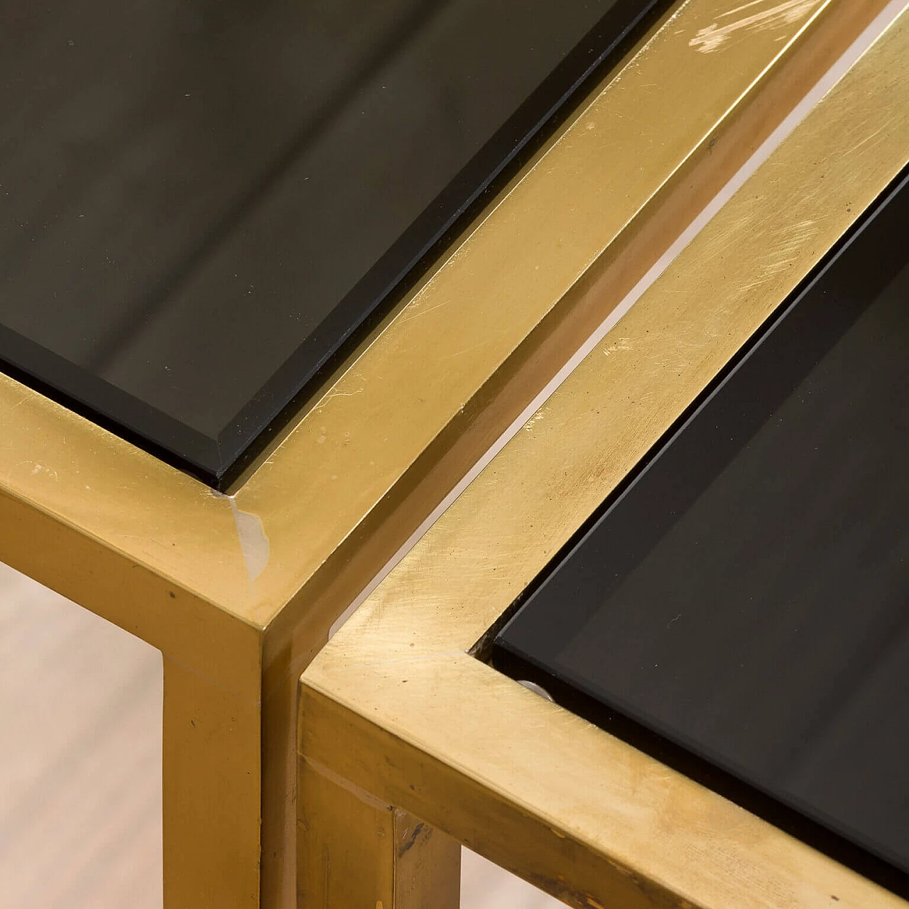 Pair of side tables in brass and smoked glass, 1980s 9