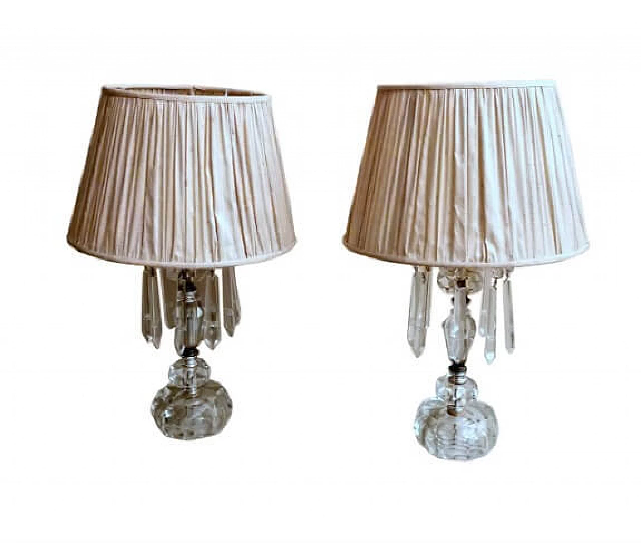 Pair of Louis XVI style crystal and silk table lamps, 1950s 1