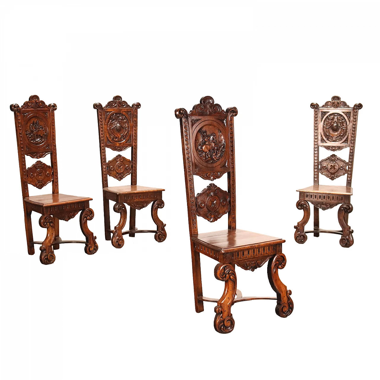 4 Neo-Renaissance beechwood chairs, late 19th century 1