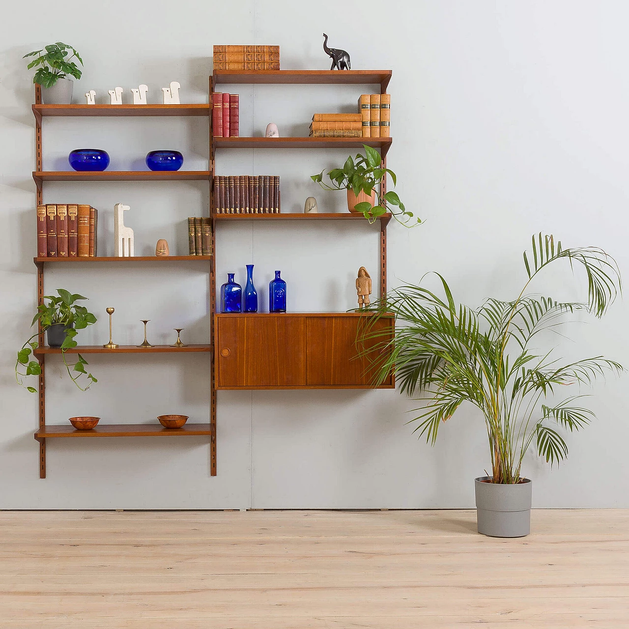 Two bay teak wall unit with sliding doors cabinet by Kai Kristiansen for FM Mobler, 1960s 1