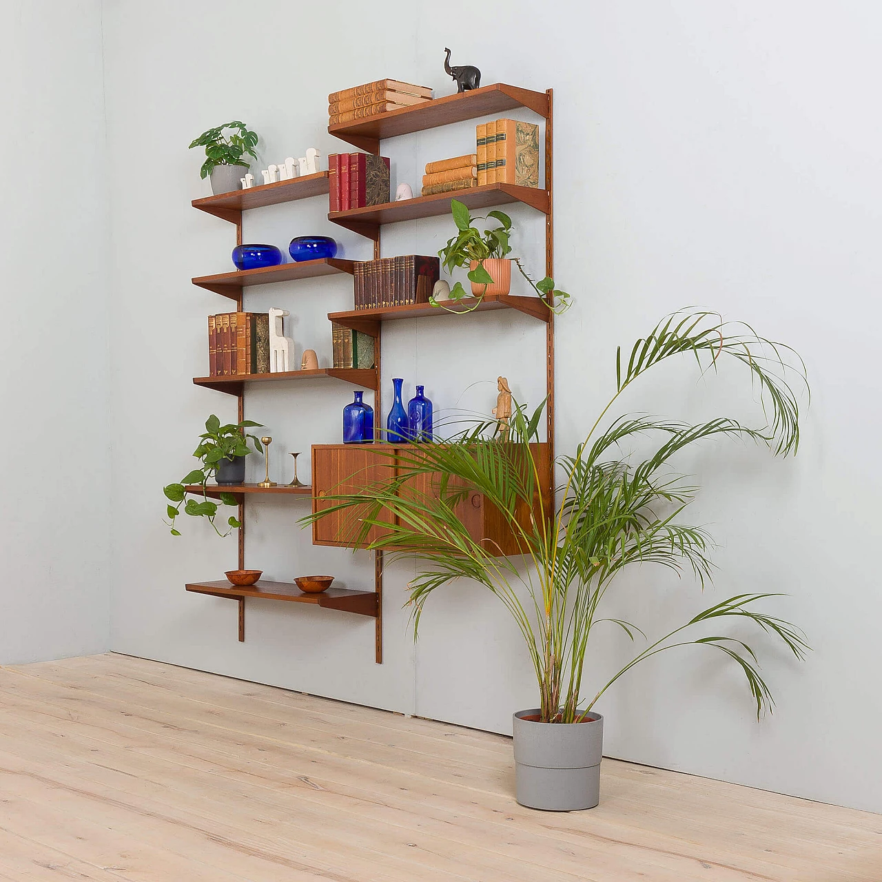 Two bay teak wall unit with sliding doors cabinet by Kai Kristiansen for FM Mobler, 1960s 3