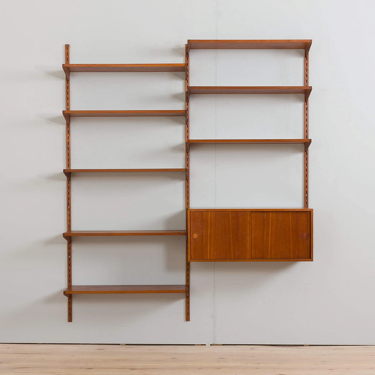 Two bay teak wall unit with sliding doors cabinet by Kai Kristiansen for FM Mobler, 1960s 4