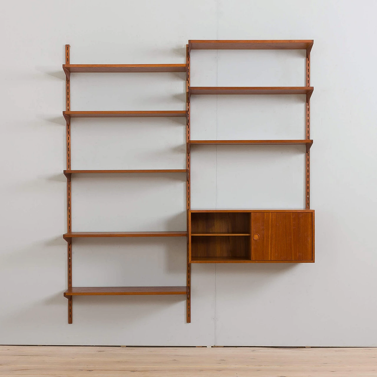 Two bay teak wall unit with sliding doors cabinet by Kai Kristiansen for FM Mobler, 1960s 5