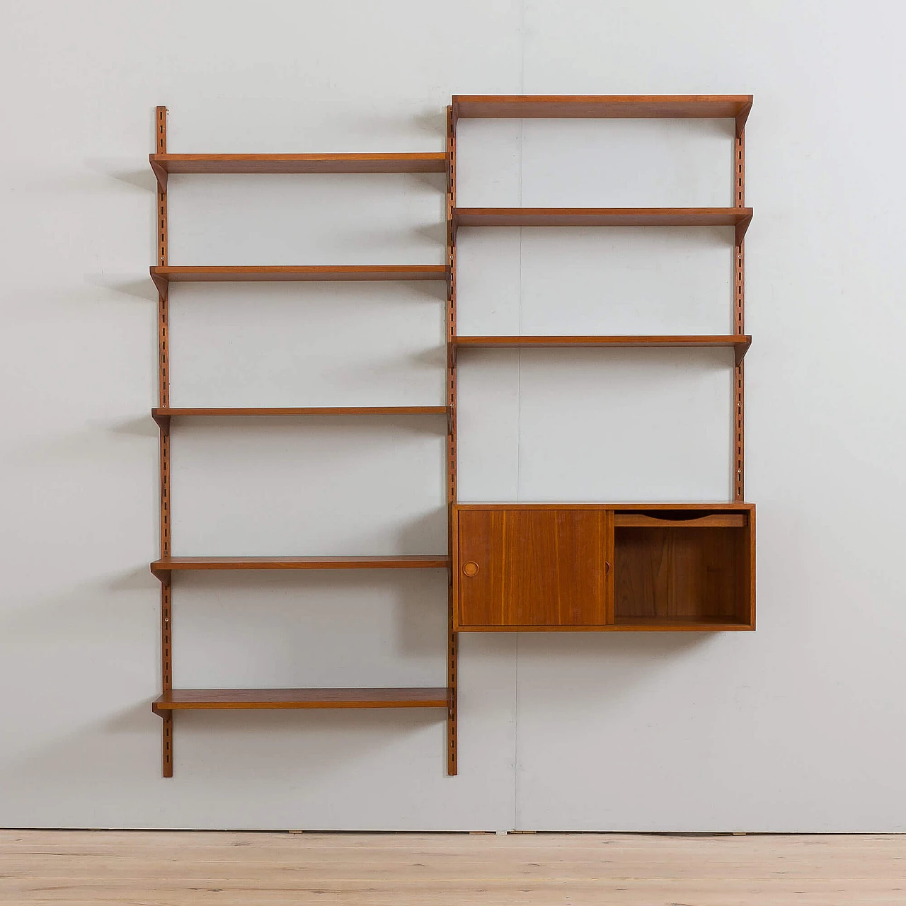 Two bay teak wall unit with sliding doors cabinet by Kai Kristiansen for FM Mobler, 1960s 6