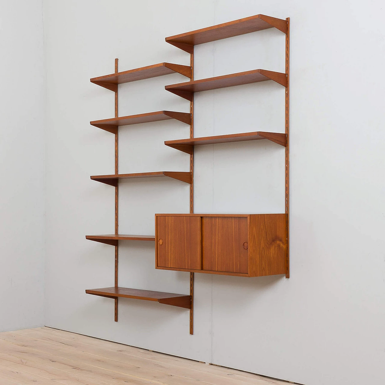 Two bay teak wall unit with sliding doors cabinet by Kai Kristiansen for FM Mobler, 1960s 7