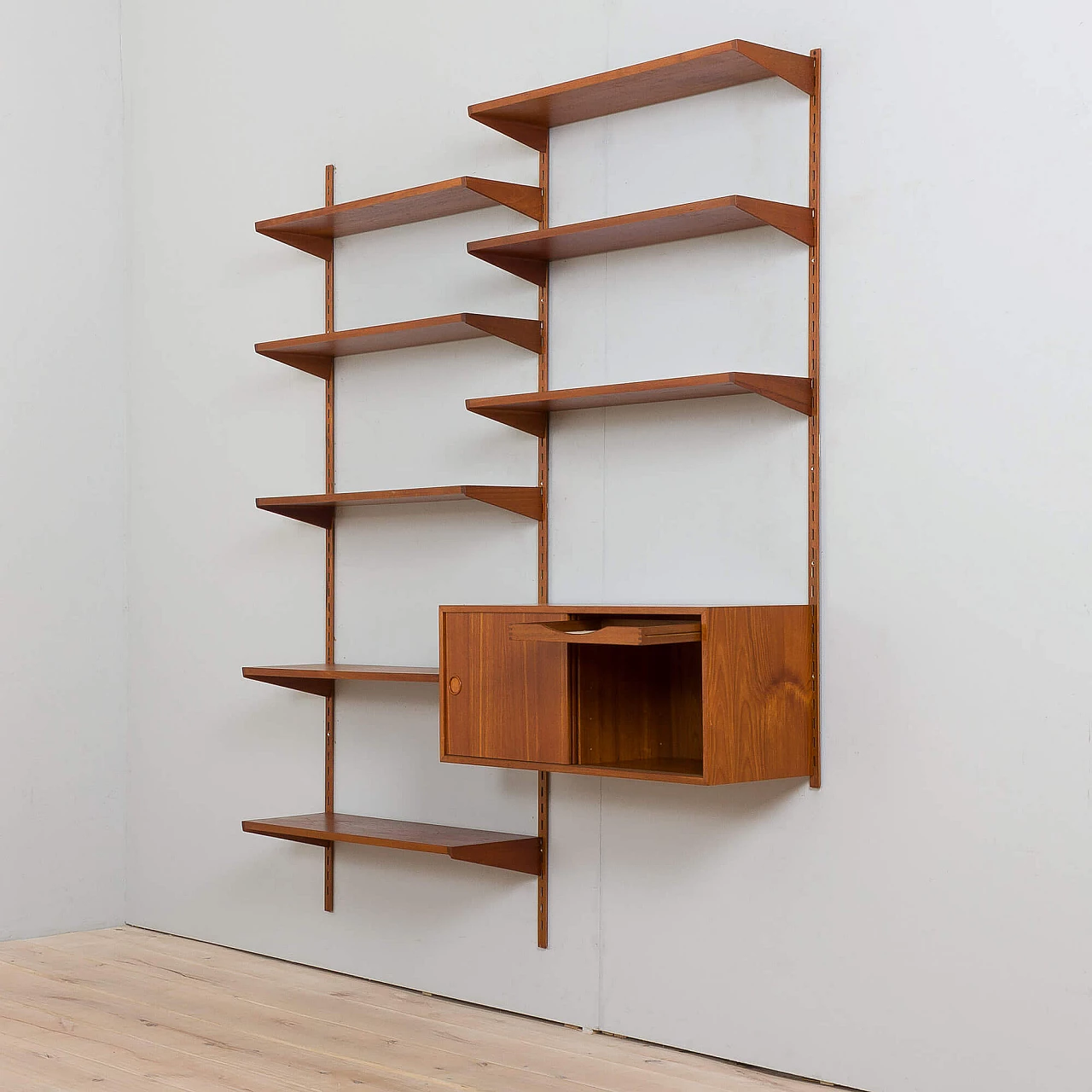 Two bay teak wall unit with sliding doors cabinet by Kai Kristiansen for FM Mobler, 1960s 8