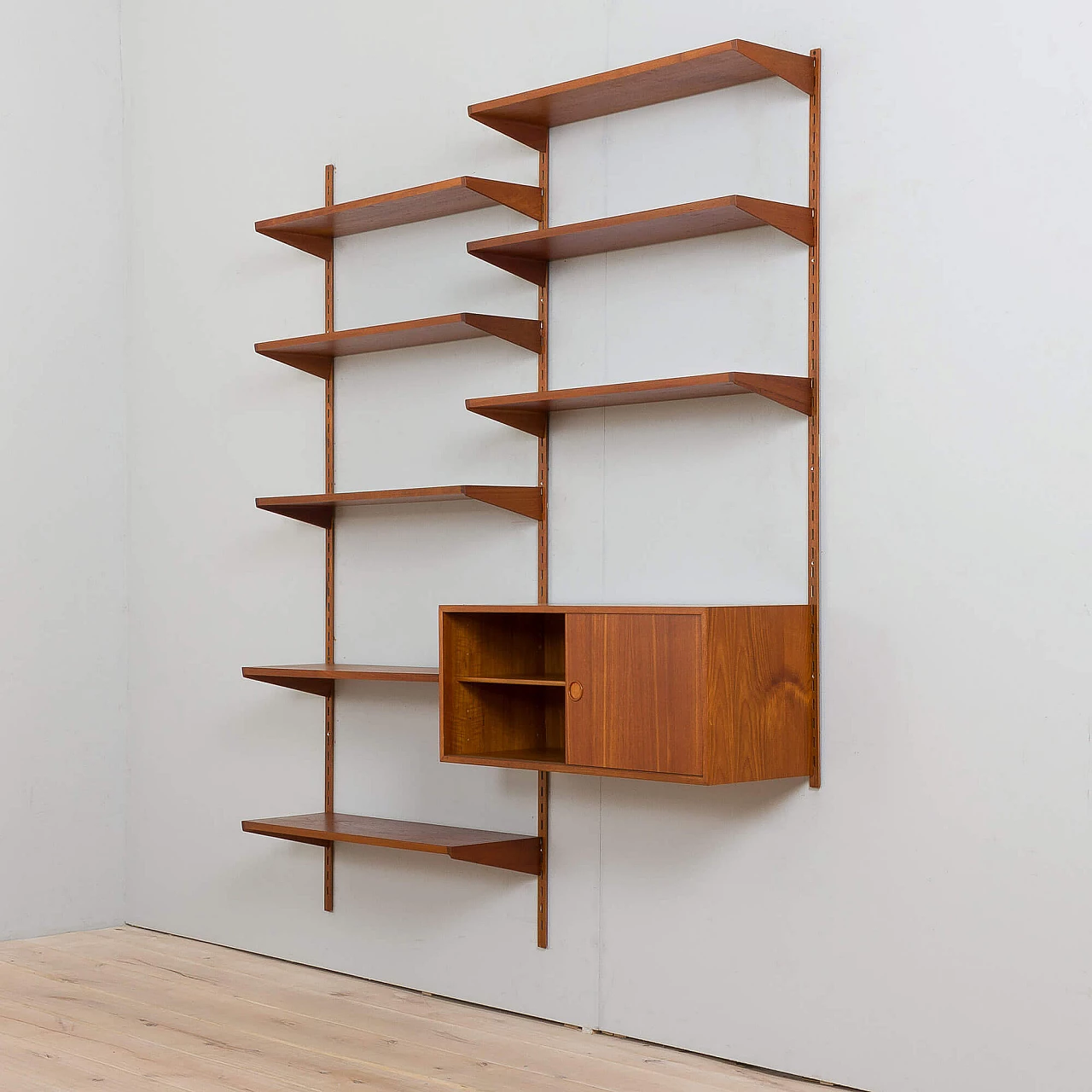 Two bay teak wall unit with sliding doors cabinet by Kai Kristiansen for FM Mobler, 1960s 9