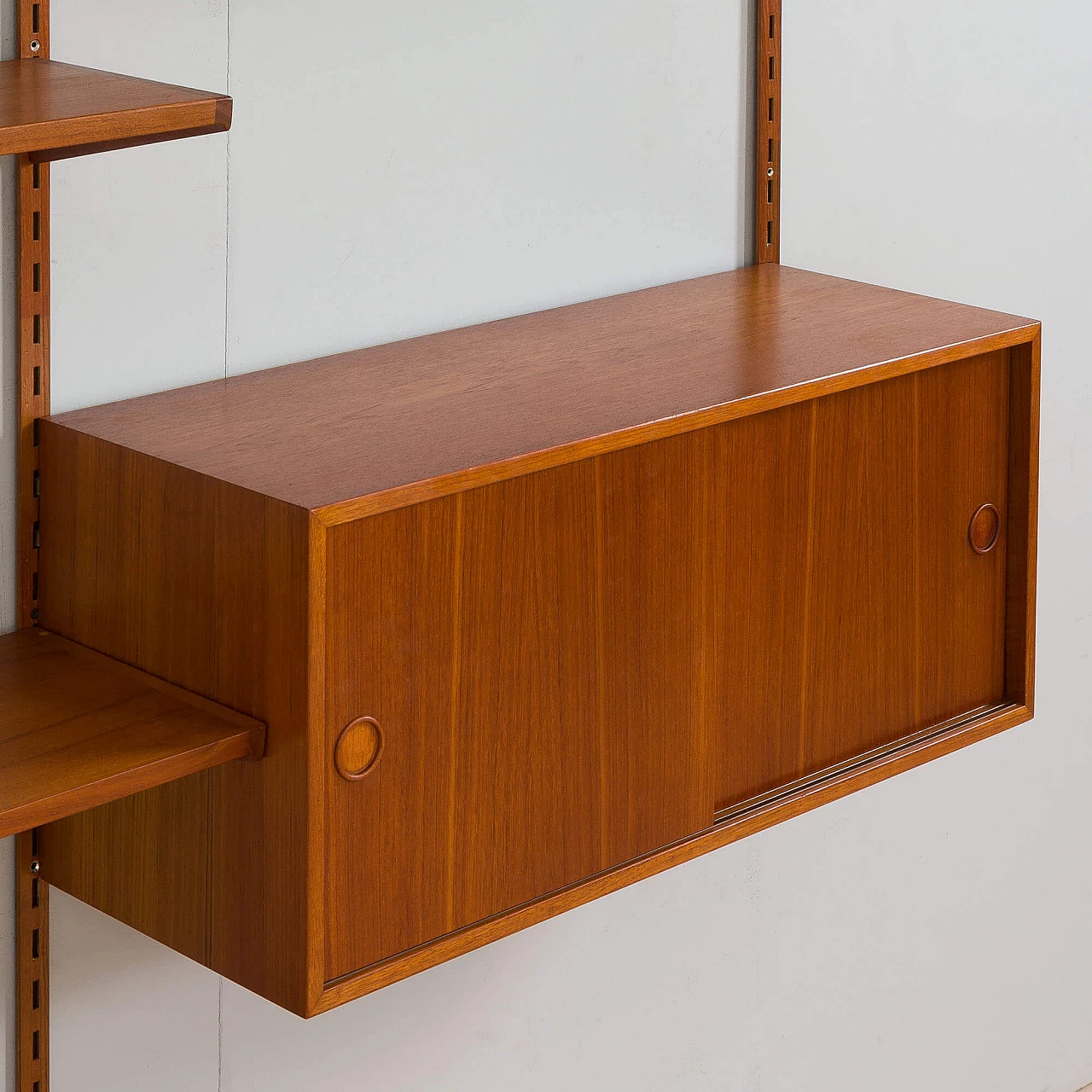 Two bay teak wall unit with sliding doors cabinet by Kai Kristiansen for FM Mobler, 1960s 10